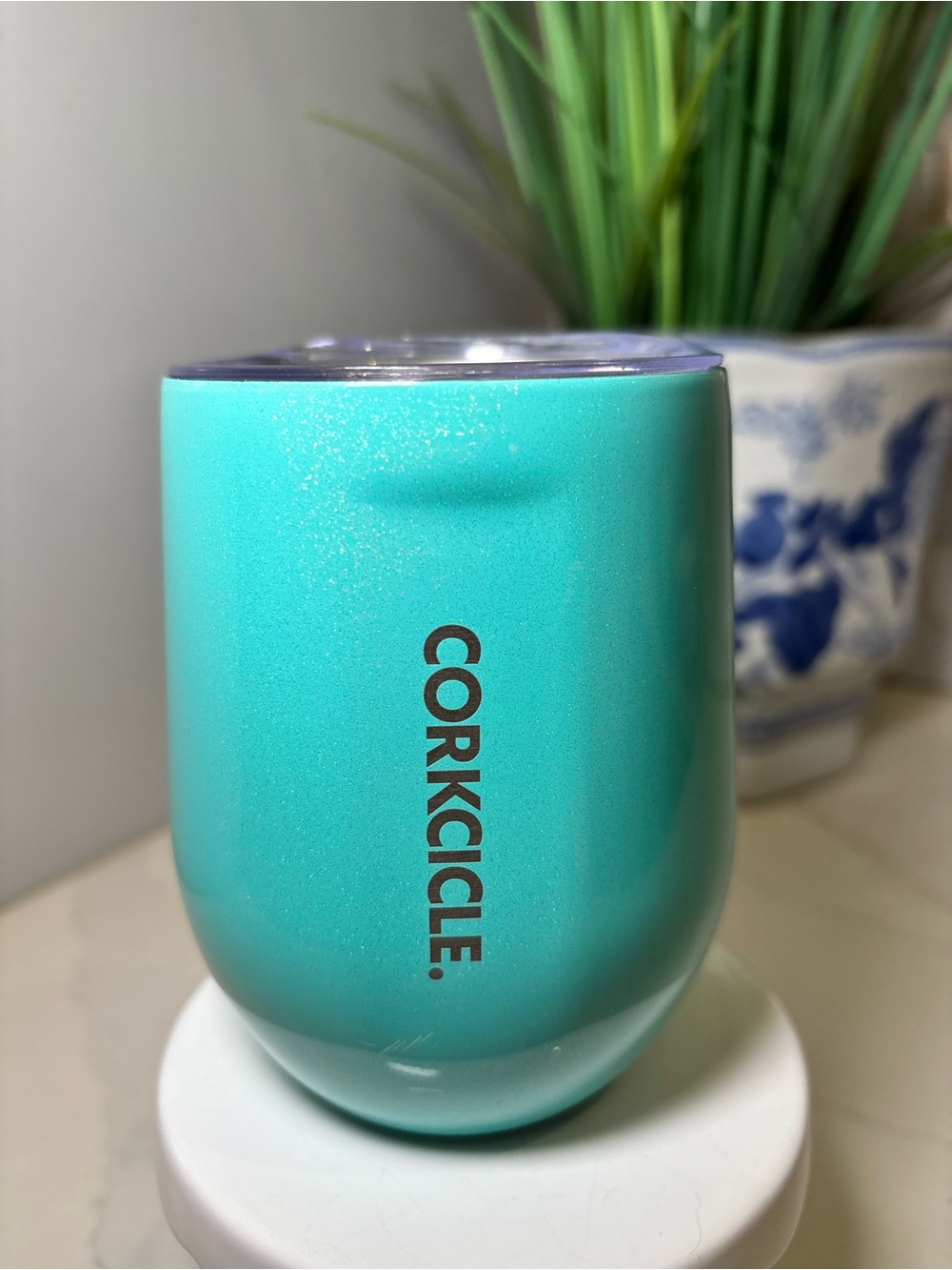 Corkcicle Shimmer Teal Turquoise 12oz Stemless Wine Tumbler Sip in Style! W/Lid